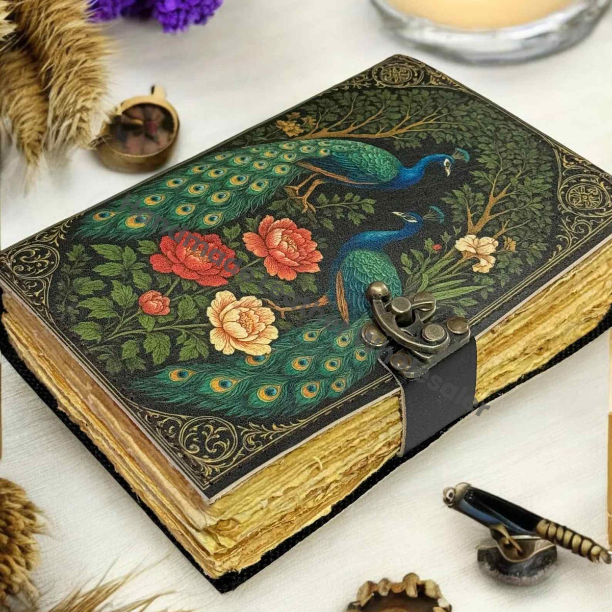 Peacock Leather Journal | Engraved Handmade Diary, Sketchbook