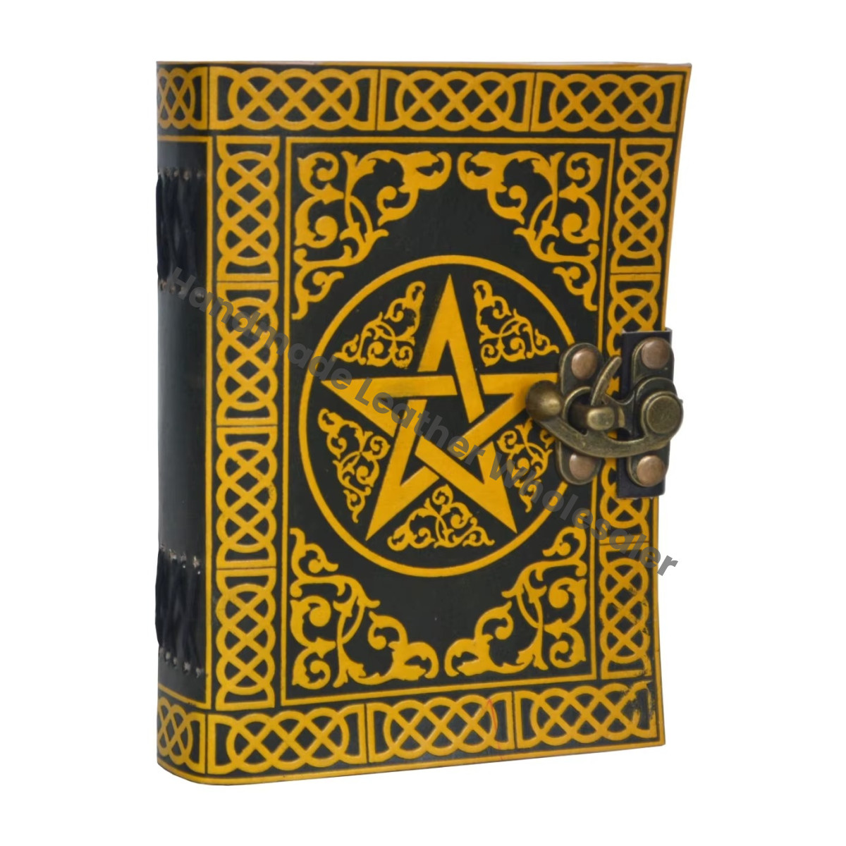 Pentagram Book Spell Sketchbook Hardcover Leather Journal Vintage Handmade Recyclable Paper Custom Logo Black Yellow