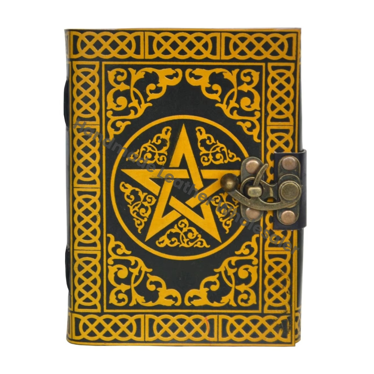 Pentagram Book Spell Sketchbook Hardcover Leather Journal Vintage Handmade Recyclable Paper Custom Logo Black Yellow