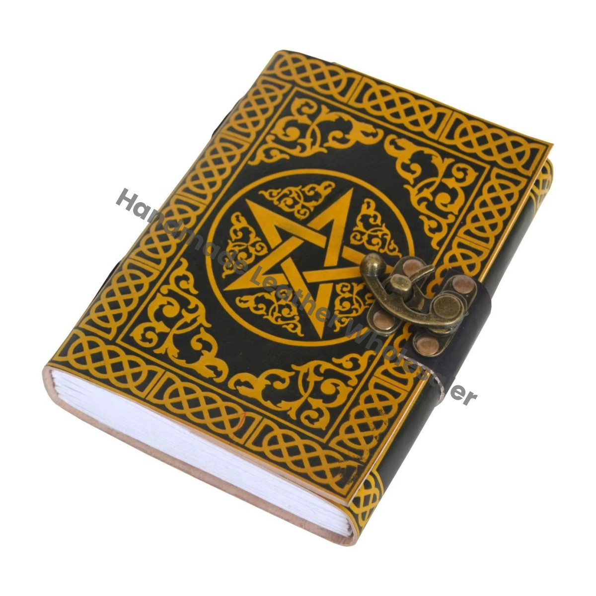 Pentagram Book Spell Sketchbook Hardcover Leather Journal Vintage Handmade Recyclable Paper Custom Logo Black Yellow