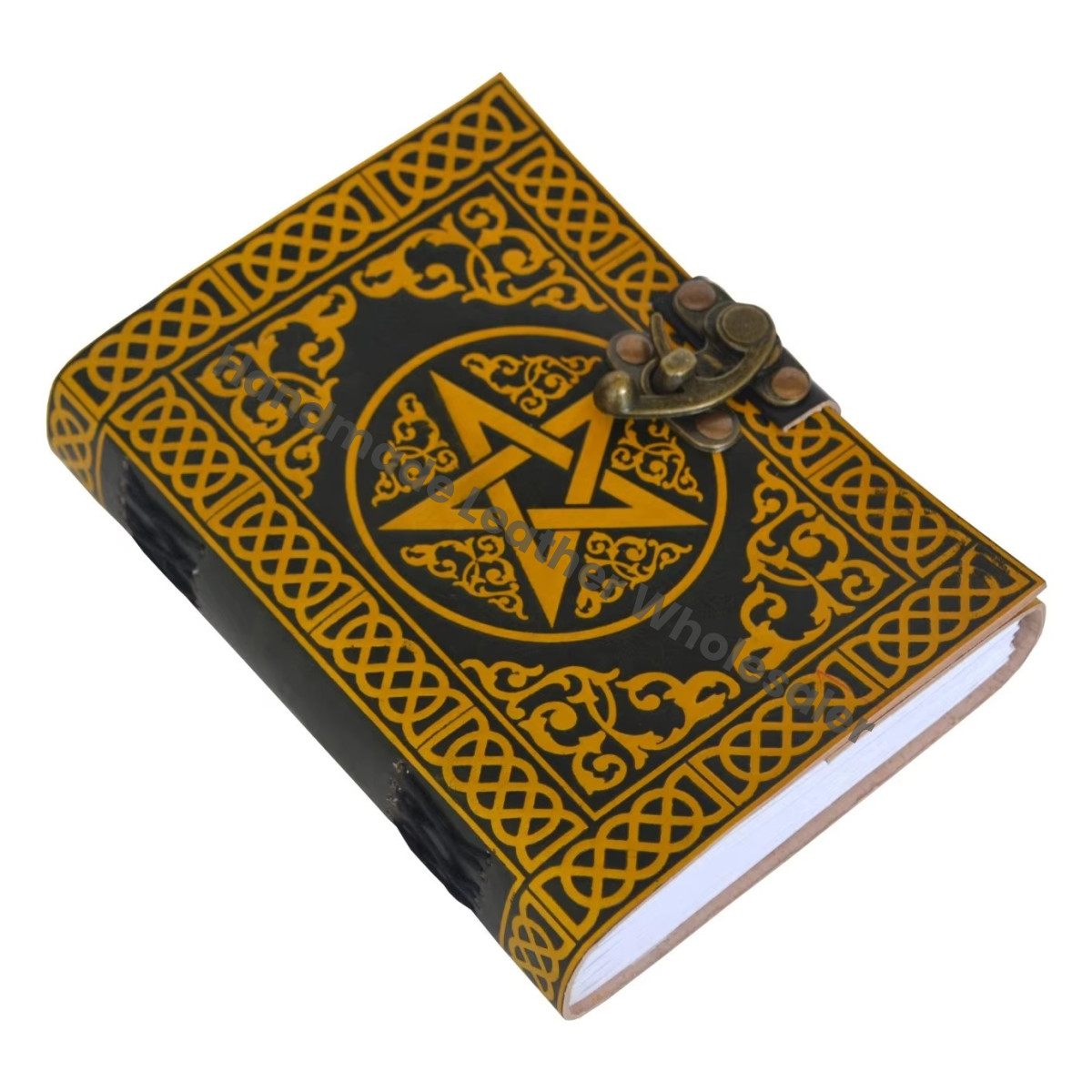 Pentagram Book Spell Sketchbook Hardcover Leather Journal Vintage Handmade Recyclable Paper Custom Logo Black Yellow