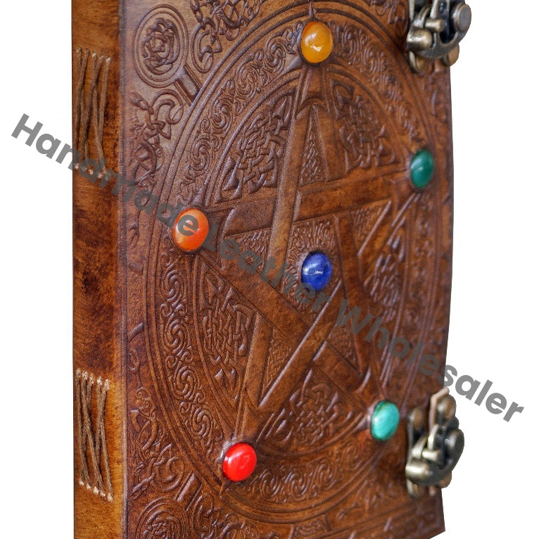 Pentagram Charcoal Leather Journal Large Celtic Embossed Handmade Lock Grimoire Notebook Custom Logo Stone Writing Bound Gift