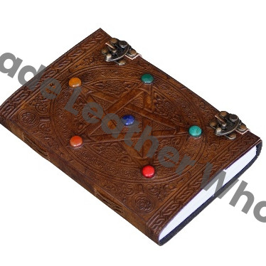 Pentagram Charcoal Leather Journal Large Celtic Embossed Handmade Lock Grimoire Notebook Custom Logo Stone Writing Bound Gift