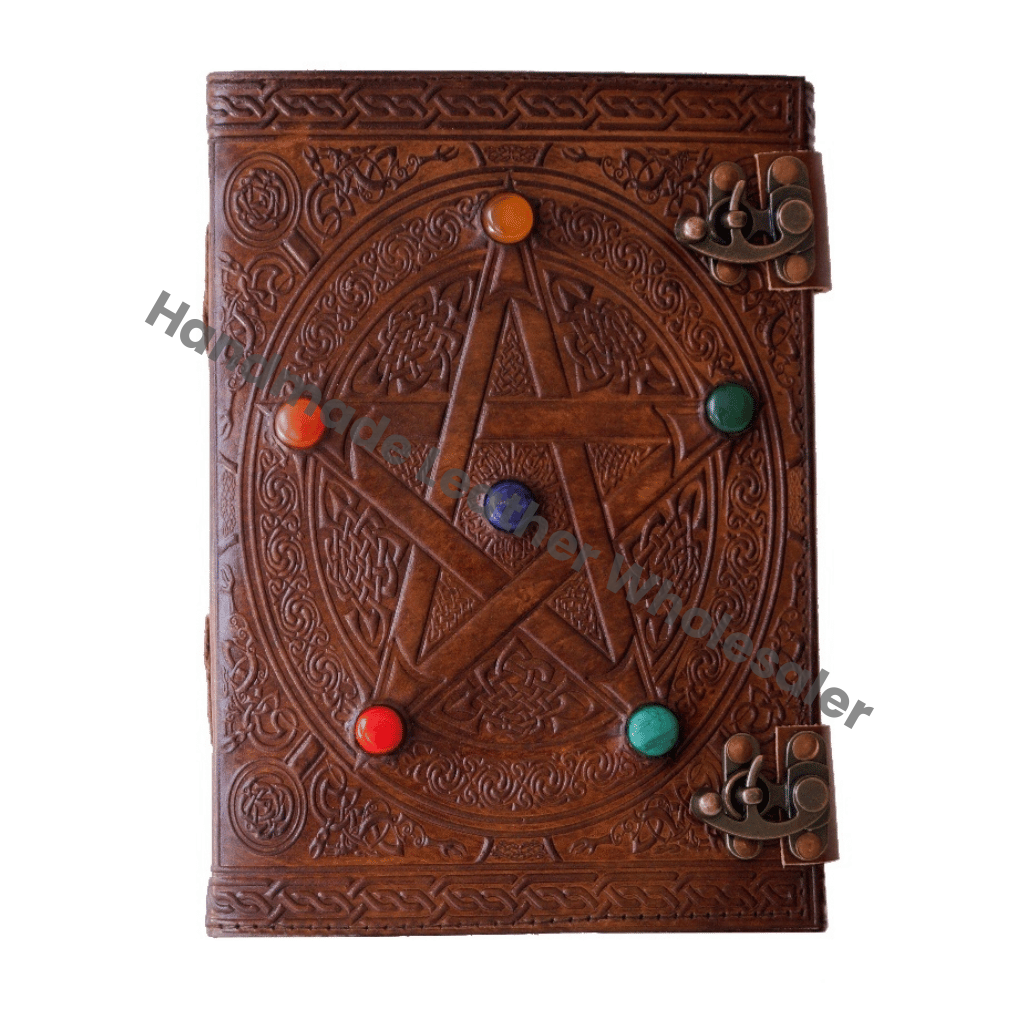 Pentagram Charcoal Leather Journal Large Celtic Embossed Handmade Lock Grimoire Notebook Custom Logo Stone Writing Bound Gift