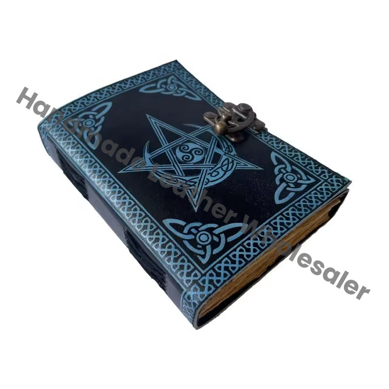 Pentagram Leather Journal Antique Book Spell Charmed Handmade Deckle Edge Paper Blue Embossed Vintage Bound Thermal Binding Gift