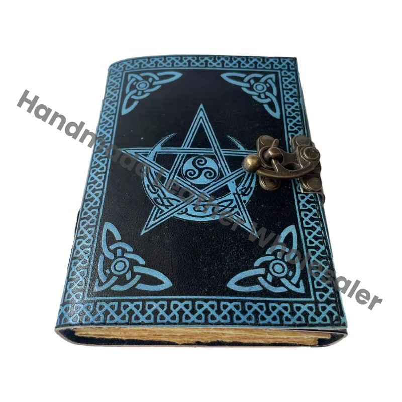 Pentagram Leather Journal Antique Book Spell Charmed Handmade Deckle Edge Paper Blue Embossed Vintage Bound Thermal Binding Gift
