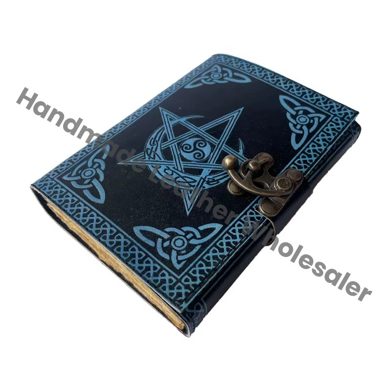 Pentagram Leather Journal Antique Book Spell Charmed Handmade Deckle Edge Paper Blue Embossed Vintage Bound Thermal Binding Gift
