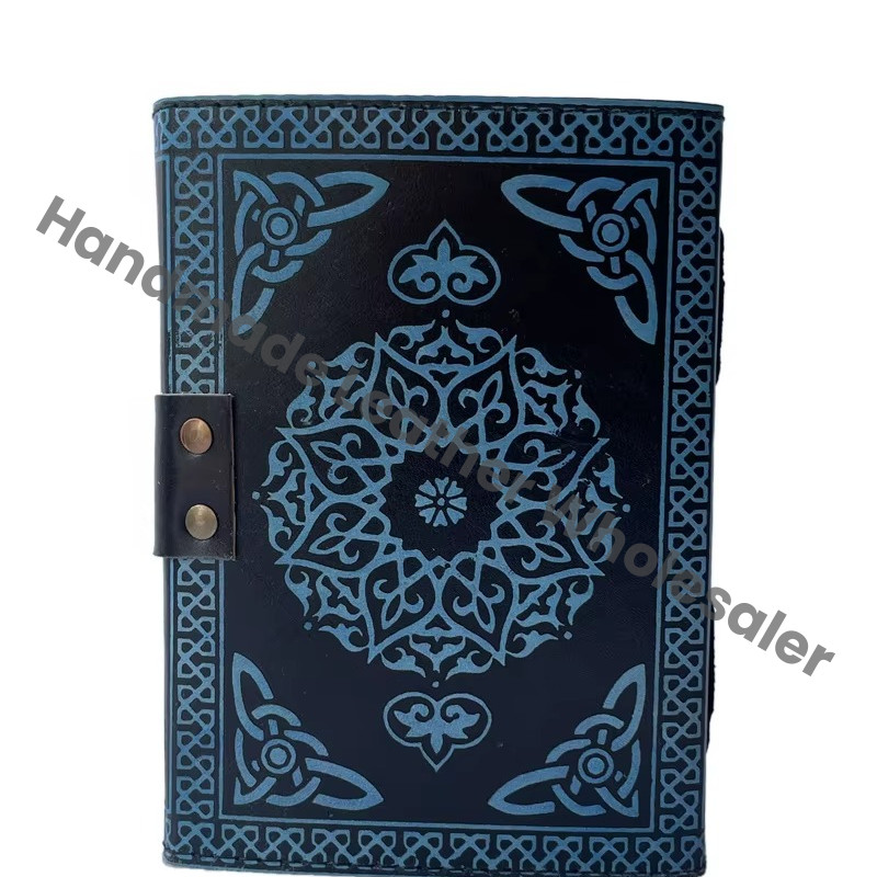 Pentagram Leather Journal Antique Book Spell Charmed Handmade Deckle Edge Paper Blue Embossed Vintage Bound Thermal Binding Gift