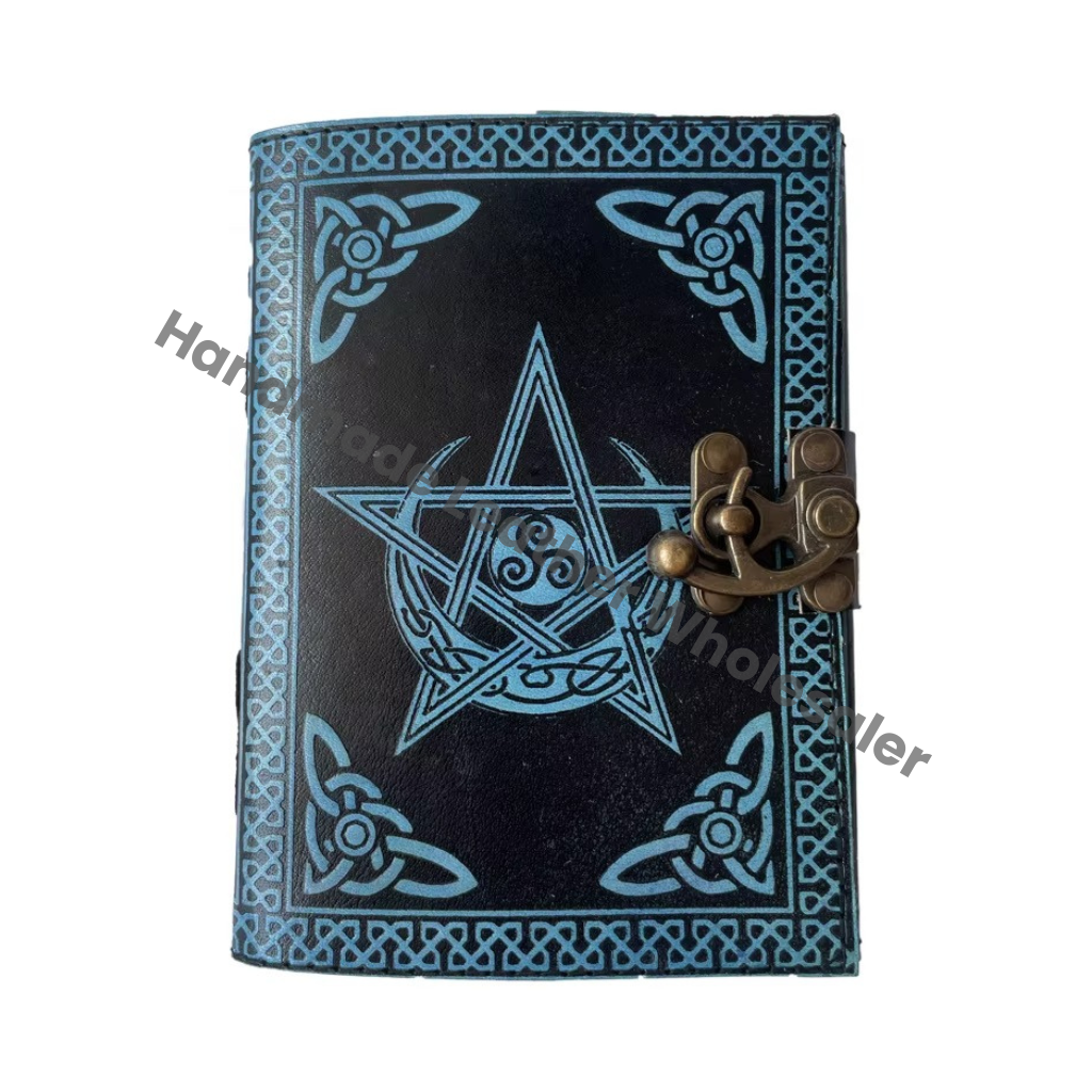 Pentagram Leather Journal Antique Book Spell Charmed Handmade Deckle Edge Paper Blue Embossed Vintage Bound Thermal Binding Gift