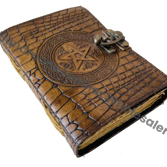 Pentagram Magic of Spell Wiccan Crocodile Print Deckle Leather for Women Vintage Book of Shadows Old Pages Journal Celtic Blank