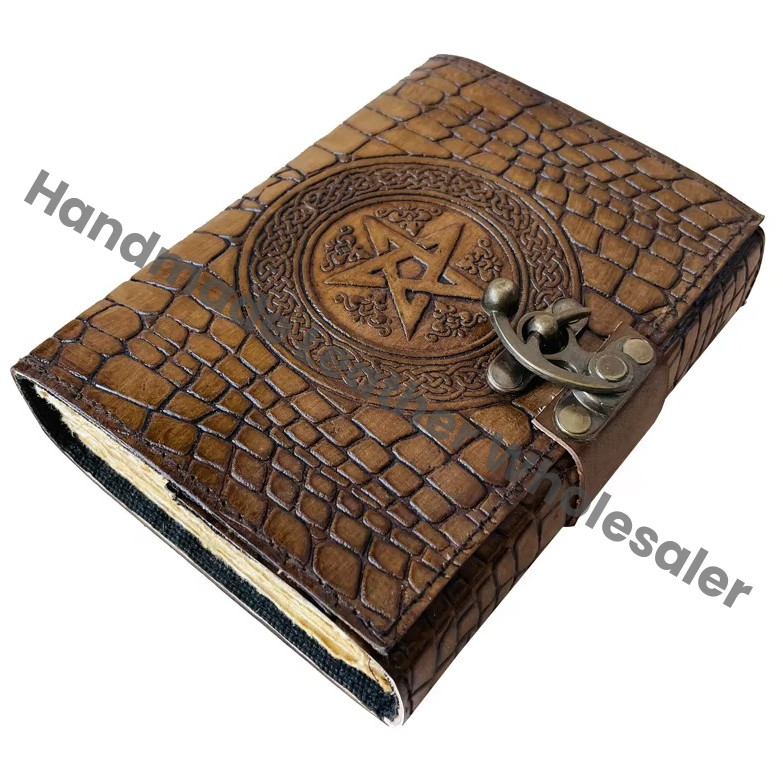 Pentagram Magic of Spell Wiccan Crocodile Print Deckle Leather for Women Vintage Book of Shadows Old Pages Journal Celtic Blank