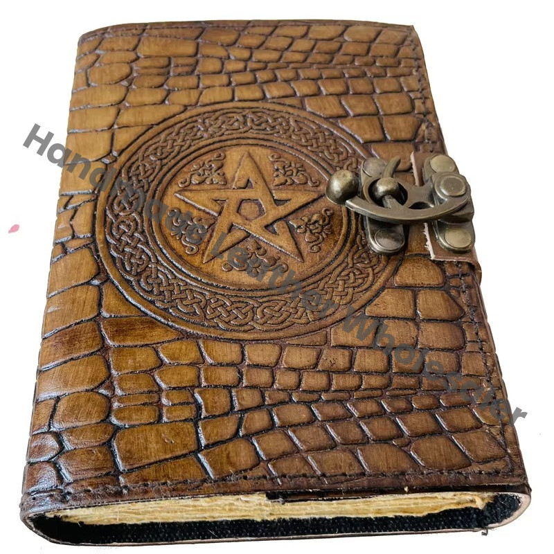 Pentagram Magic of Spell Wiccan Crocodile Print Deckle Leather for Women Vintage Book of Shadows Old Pages Journal Celtic Blank