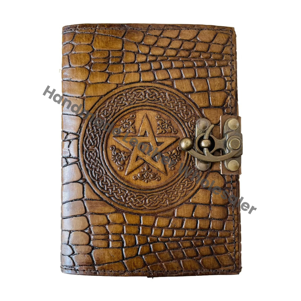 Pentagram Magic of Spell Wiccan Crocodile Print Deckle Leather for Women Vintage Book of Shadows Old Pages Journal Celtic Blank