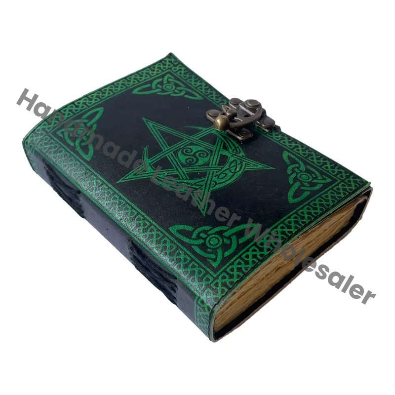 Pentagram Moon Leather Journal Antique Book of Spell Charmed Handmade Deckle Edge Paper Black & Green Embossed Vintage Journal