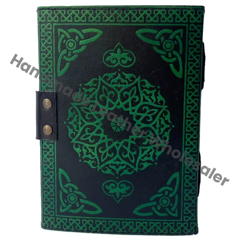 Pentagram Moon Leather Journal Antique Book of Spell Charmed Handmade Deckle Edge Paper Black & Green Embossed Vintage Journal