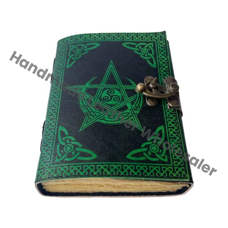 Pentagram Moon Leather Journal Antique Book of Spell Charmed Handmade Deckle Edge Paper Black & Green Embossed Vintage Journal