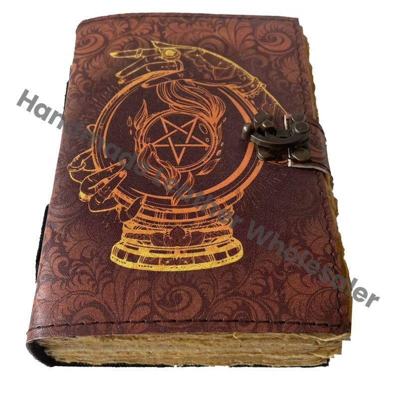 Pentagram Printed Leather Cover Journal Bound Handmade Unique Leather Notebooks Custom Logo Eco-friendly Paper Lock Closure Gift