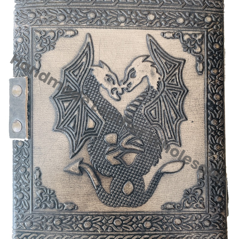 Personal Organizer Charcoal Double Dragon Leather Hardcover Journal Custom Logo Beautiful Embossed DND Book Shadows