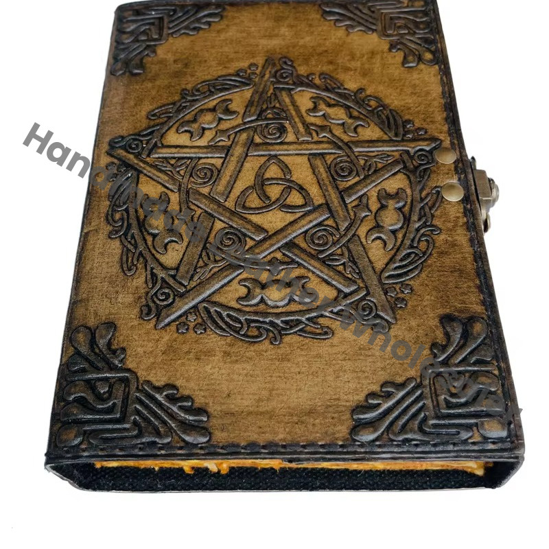 Personal Organizer Large Antique Embossed Pentagram Leather Journal Metal Closure Charcoal Book Handmade Paper Gift Him Day