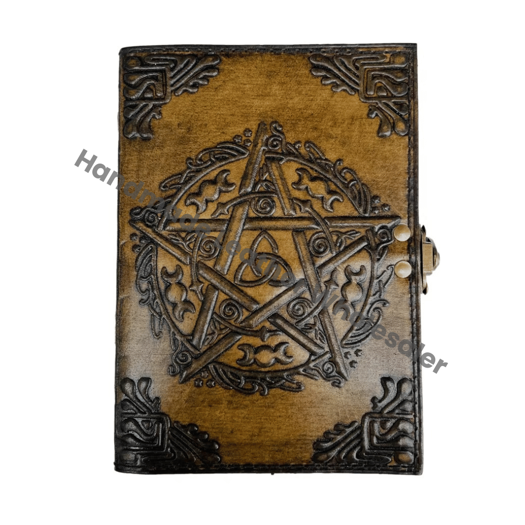 Personal Organizer Large Antique Embossed Pentagram Leather Journal Metal Closure Charcoal Book Handmade Paper Gift Him Day
