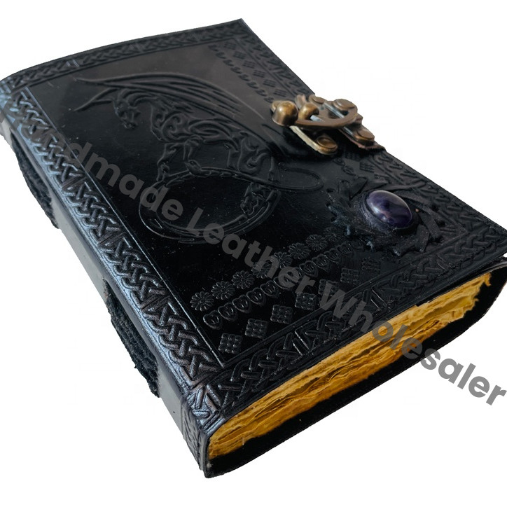 Personalised Dragon Leather Journal Vintage Pages Brass C Clasp Antique/Medieval DND Retro Notebook Real Stones Used