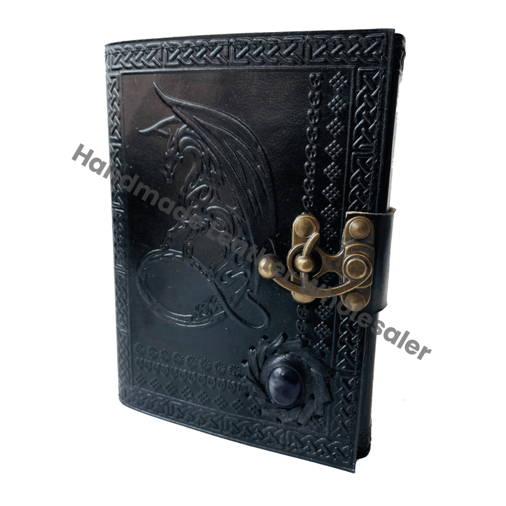 Personalised Dragon Leather Journal Vintage Pages Brass C Clasp Antique/Medieval DND Retro Notebook Real Stones Used