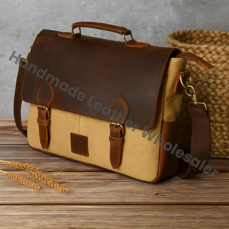 Personalize Canvas Leather Laptop Messenger Briefcase for Men and Women's, Crossbody Sling Satchel Bag, Gift for boyfriend and girlfriend