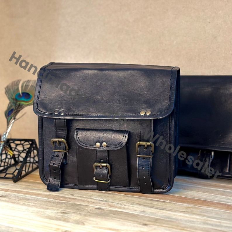 Personalized Black Leather Motorcycle Saddle Bag Set: Monogrammed Motorbike Pouches