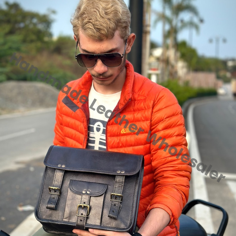 Personalized Black Leather Motorcycle Saddle Bag Set: Monogrammed Motorbike Pouches