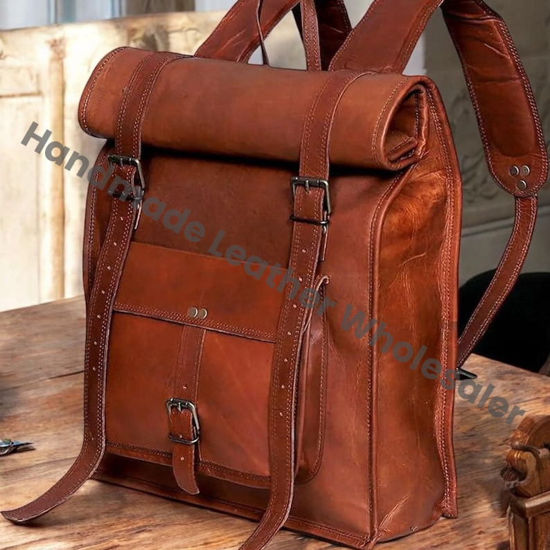 Personalized Brown Leather Backpack: Vintage Rucksack Laptop Bag