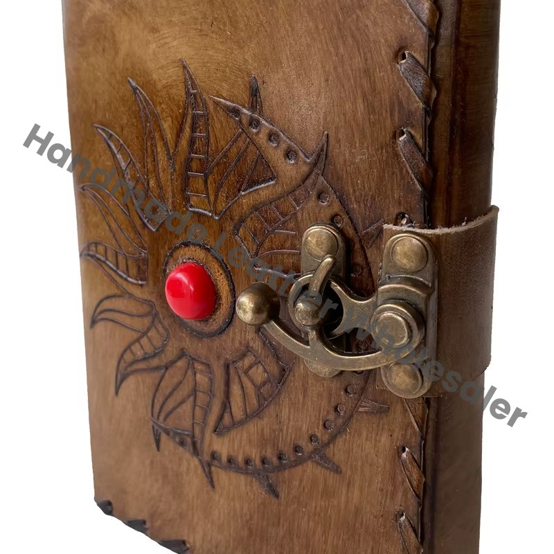 Personalized Charcoal Leather Hardcover Loose-Leaf Diary Sun Moon Tree Life Design Deckle Paper
