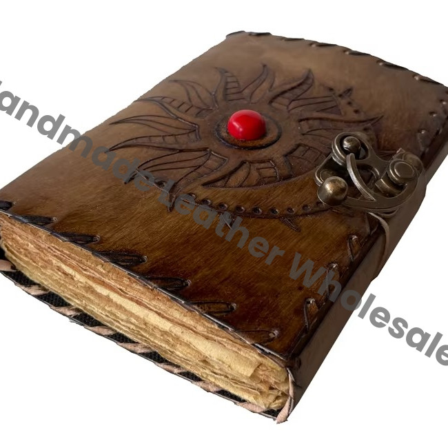 Personalized Charcoal Leather Hardcover Loose-Leaf Diary Sun Moon Tree Life Design Deckle Paper