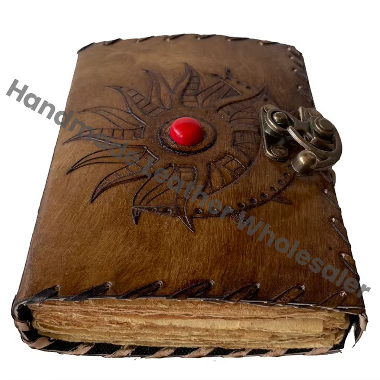 Personalized Charcoal Leather Hardcover Loose-Leaf Diary Sun Moon Tree Life Design Deckle Paper