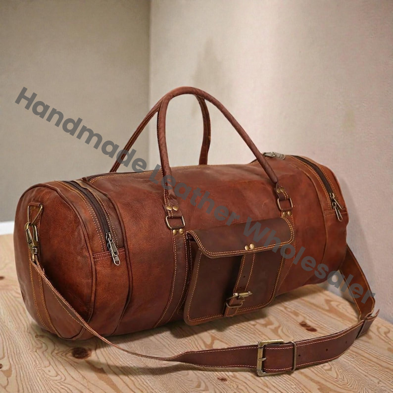 Personalized Full-Grain Leather Duffle Bag | Vintage Brown Travel Weekender, Gym Overnight Bag