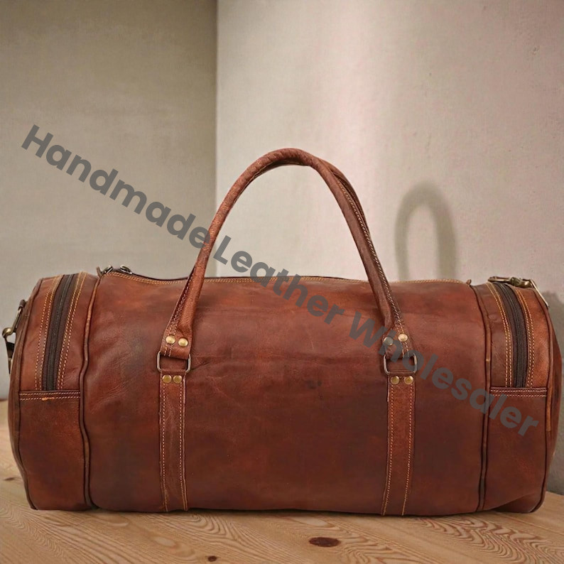 Personalized Full-Grain Leather Duffle Bag | Vintage Brown Travel Weekender, Gym Overnight Bag