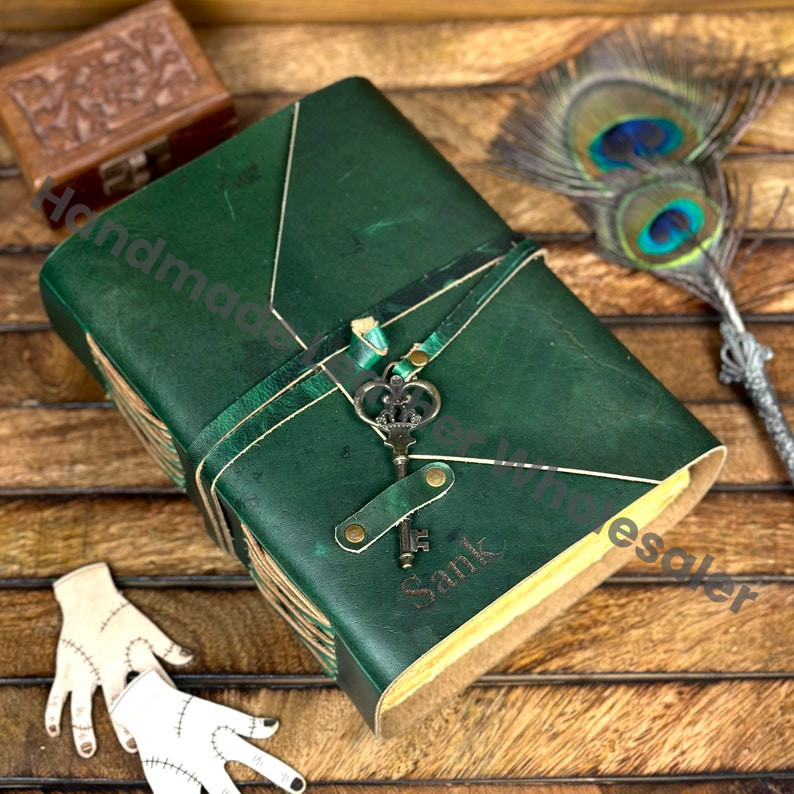 Personalized Green Leather Journal: Antique Brass Key, Deckle Edge Paper