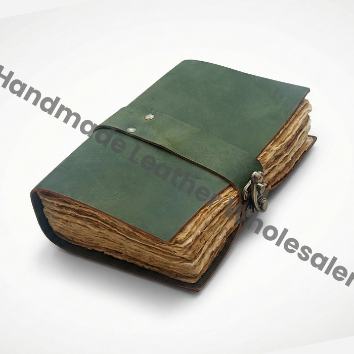 Personalized Green Leather Journal, Blank Grimoire, Travel Writing Notebook