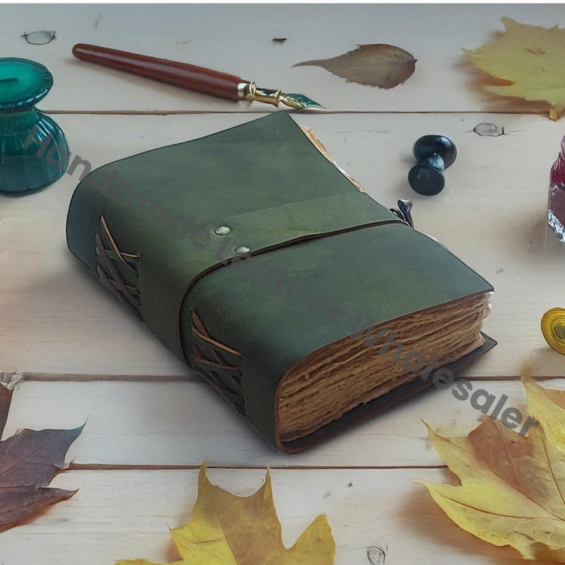 Personalized Green Leather Journal, Blank Grimoire, Travel Writing Notebook