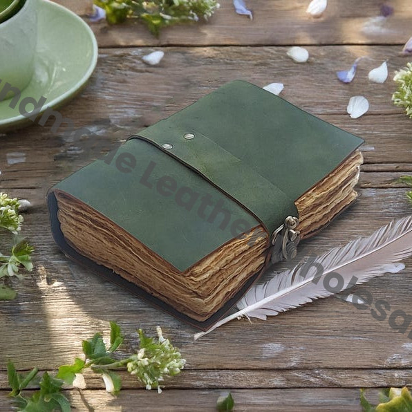 Personalized Green Leather Journal, Blank Grimoire, Travel Writing Notebook