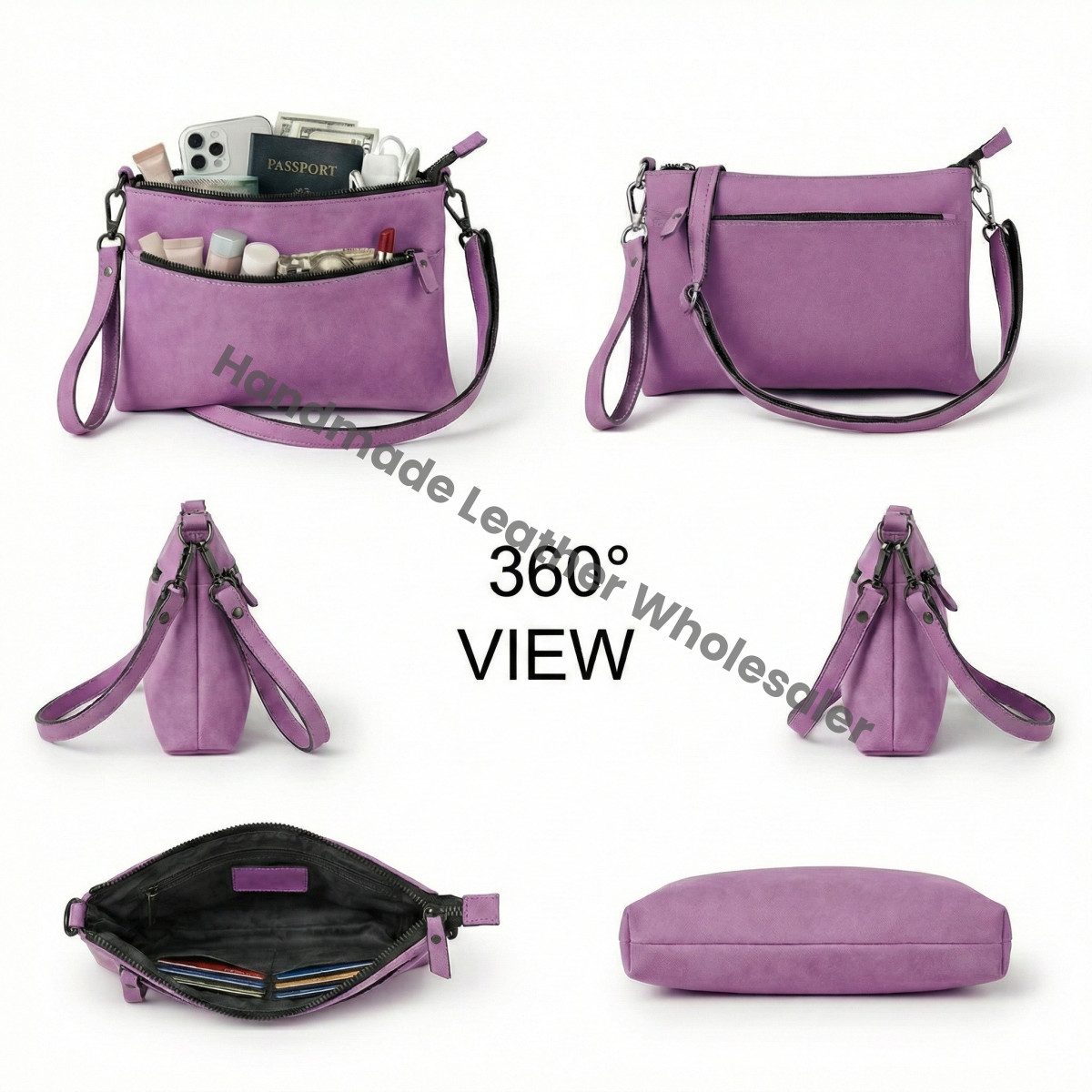 Personalized Leather Crossbody Bag, Lavender Wristlet Clutch