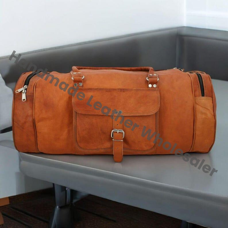 Personalized Leather Duffel Bag: Handmade Top Grain Weekender Travel Bag