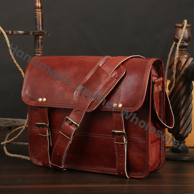 Personalized Leather Messenger Bag: Vintage Brown Crossbody Laptop Briefcase