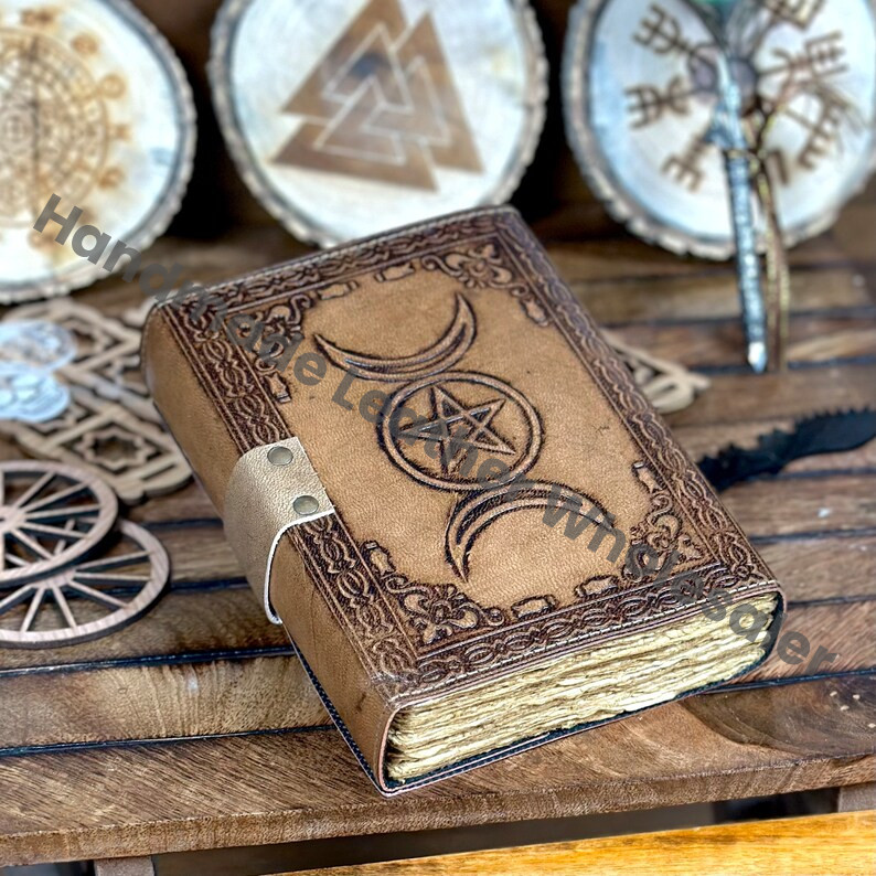 Personalized Triple Moon Goddess Leather Journal: Embossed Grimoire Gift