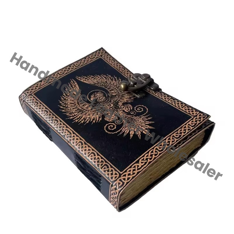 Phoenix Leather Handmade Deckle Edge Paper Antique Book Spell Charmed Light Brown Black Embossed Vintage Hardcover Journal Gift