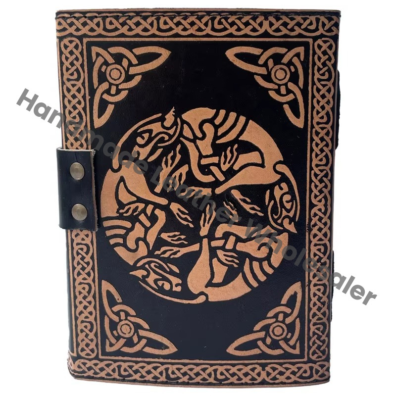 Phoenix Leather Handmade Deckle Edge Paper Antique Book Spell Charmed Light Brown Black Embossed Vintage Hardcover Journal Gift