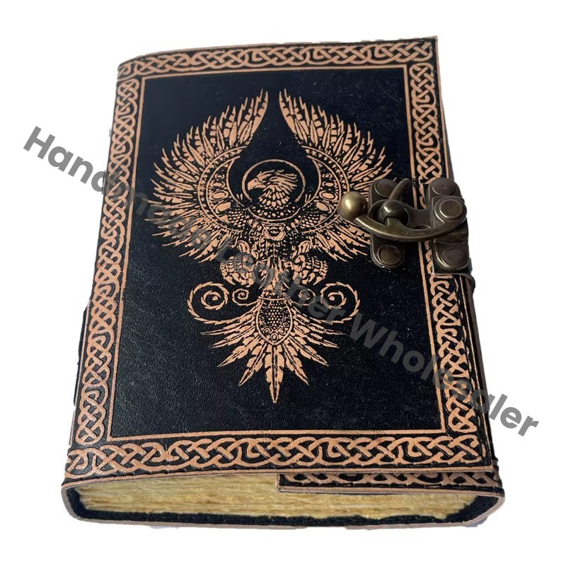 Phoenix Leather Handmade Deckle Edge Paper Antique Book Spell Charmed Light Brown Black Embossed Vintage Hardcover Journal Gift