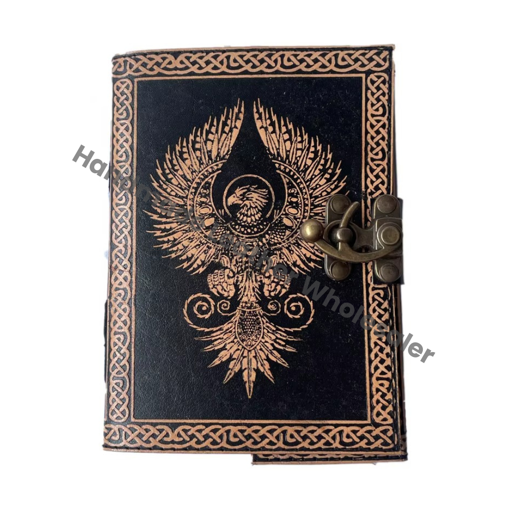 Phoenix Leather Handmade Deckle Edge Paper Antique Book Spell Charmed Light Brown Black Embossed Vintage Hardcover Journal Gift