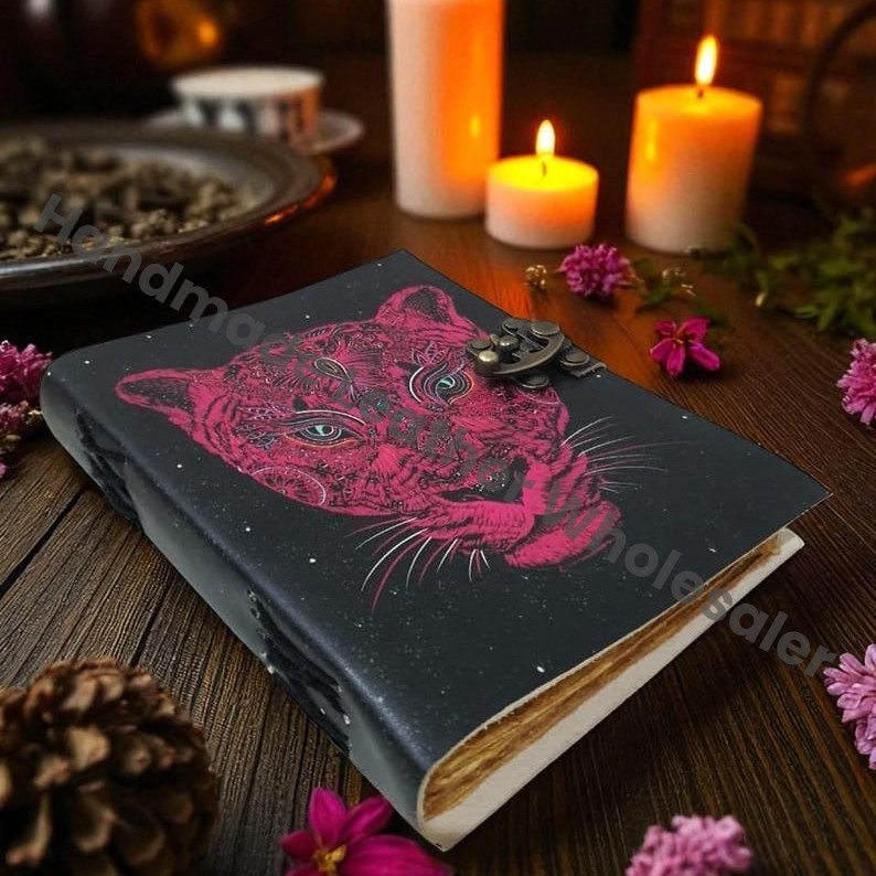 Pink Tiger Mandala Leather Journal – Handmade Vintage Notebook with Brass Lock, Embossed Mystical Big Cat Diary, Unlined Deckle Edge Paper.