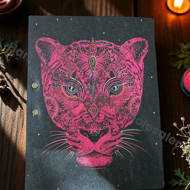 Pink Tiger Mandala Leather Journal – Handmade Vintage Notebook with Brass Lock, Embossed Mystical Big Cat Diary, Unlined Deckle Edge Paper.