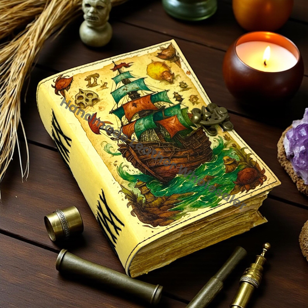 Pirate Ship Leather Grimoire –  Book of Shadows, Nautical Witchcraft Spellbook, Vintage Wiccan Pagan Gothic Journal, Witchy Gift